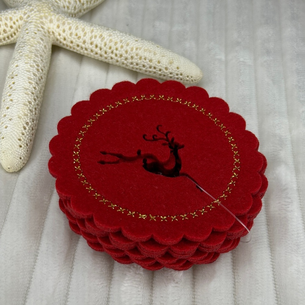 Set of 6 Red Holiday Scalloped 4" Felt Coasters with Reindeer Design